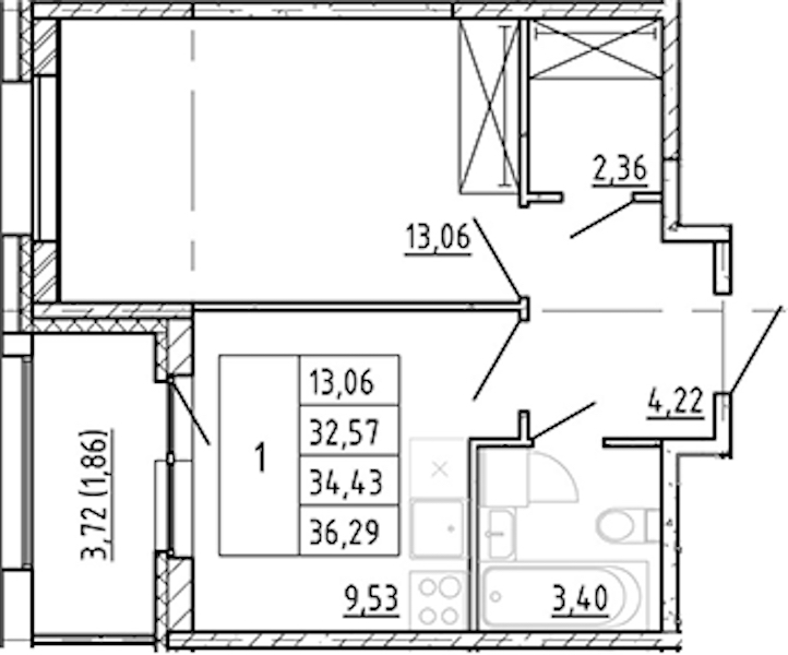 1-комнатная квартира 32.57 м², 2/12 эт., ЖК «Полис Новоселье»
